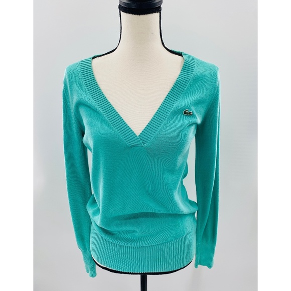 Lacoste Vintage Aqua Blue Deep V-Neck Spring Sweater (S/M) - Picture 1 of 10